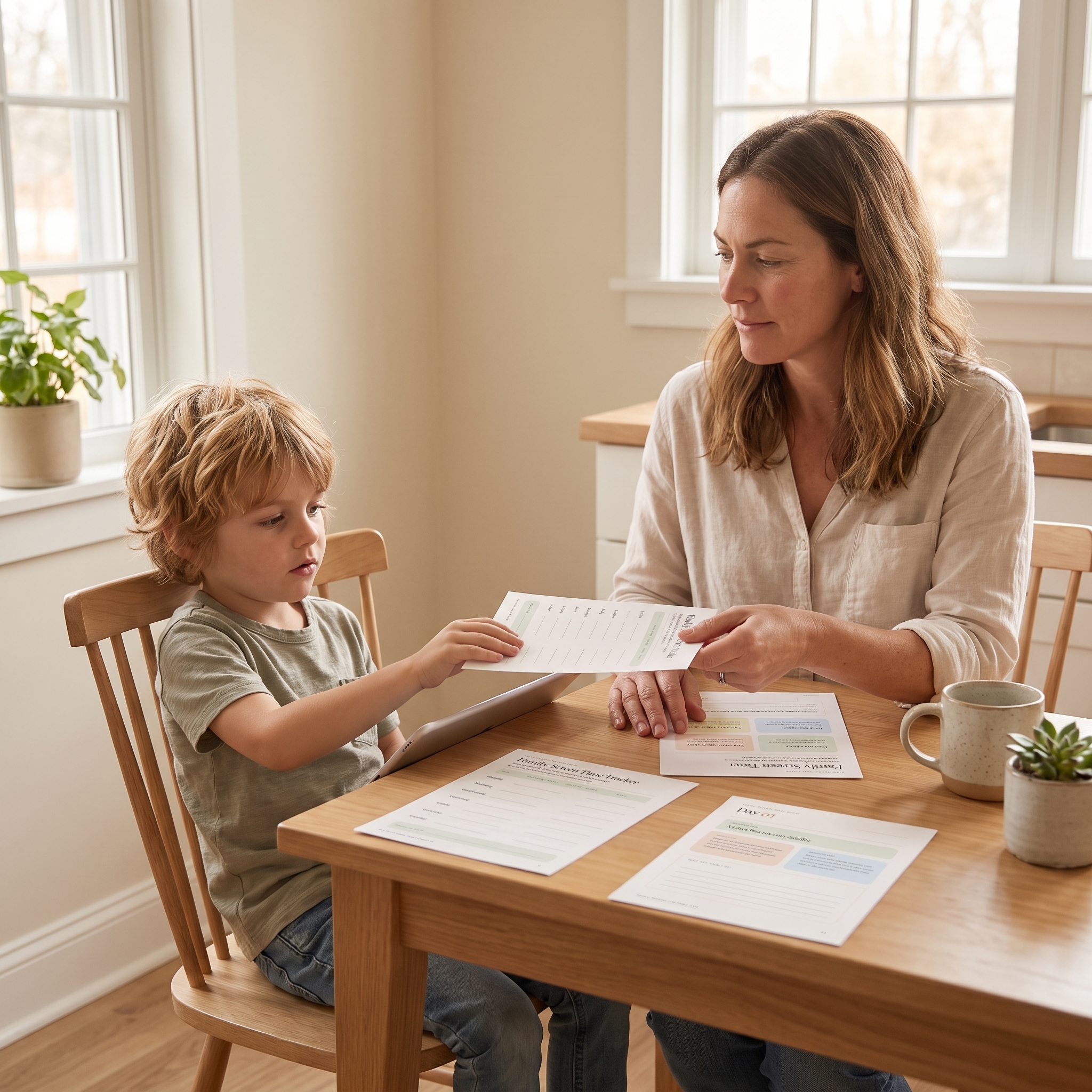 Parent offering a printable activity card to a child at the table
