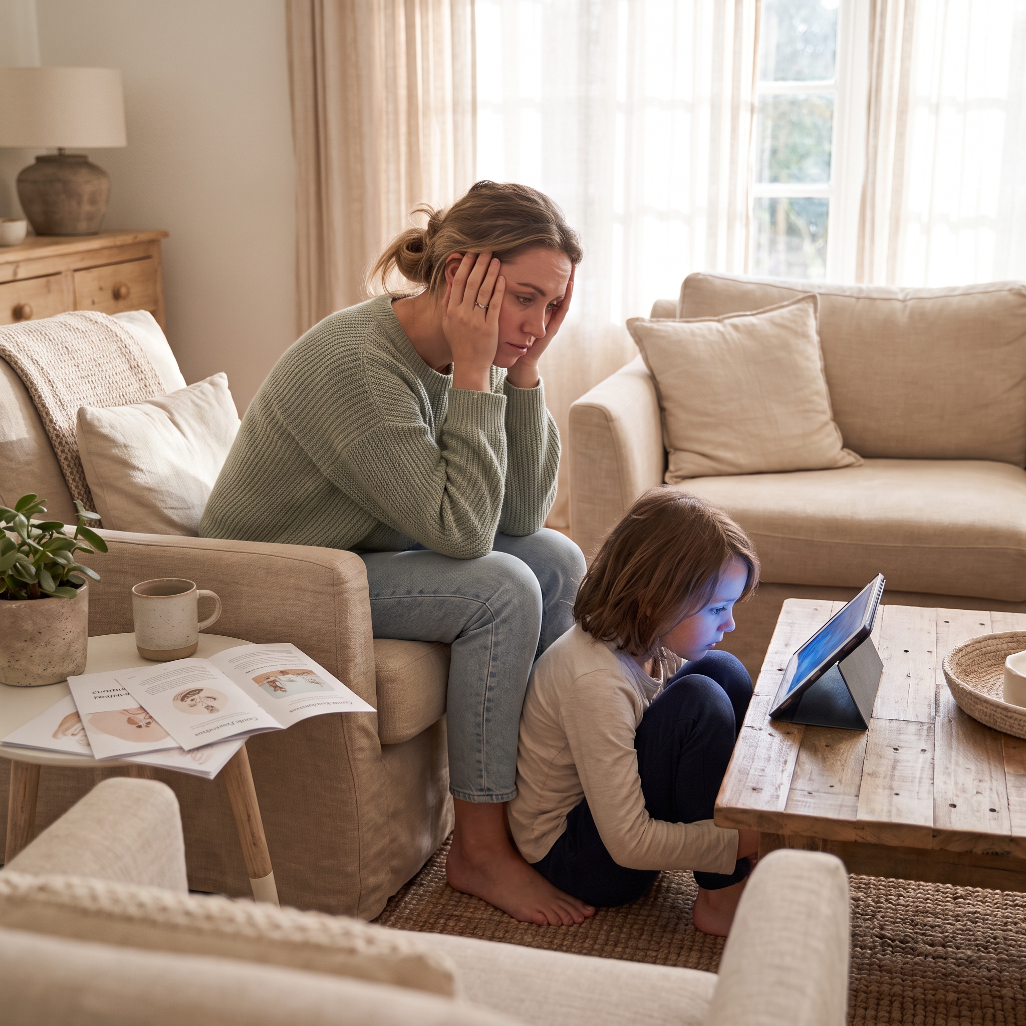 Mother feeling overwhelmed while her child stays focused on a tablet at home