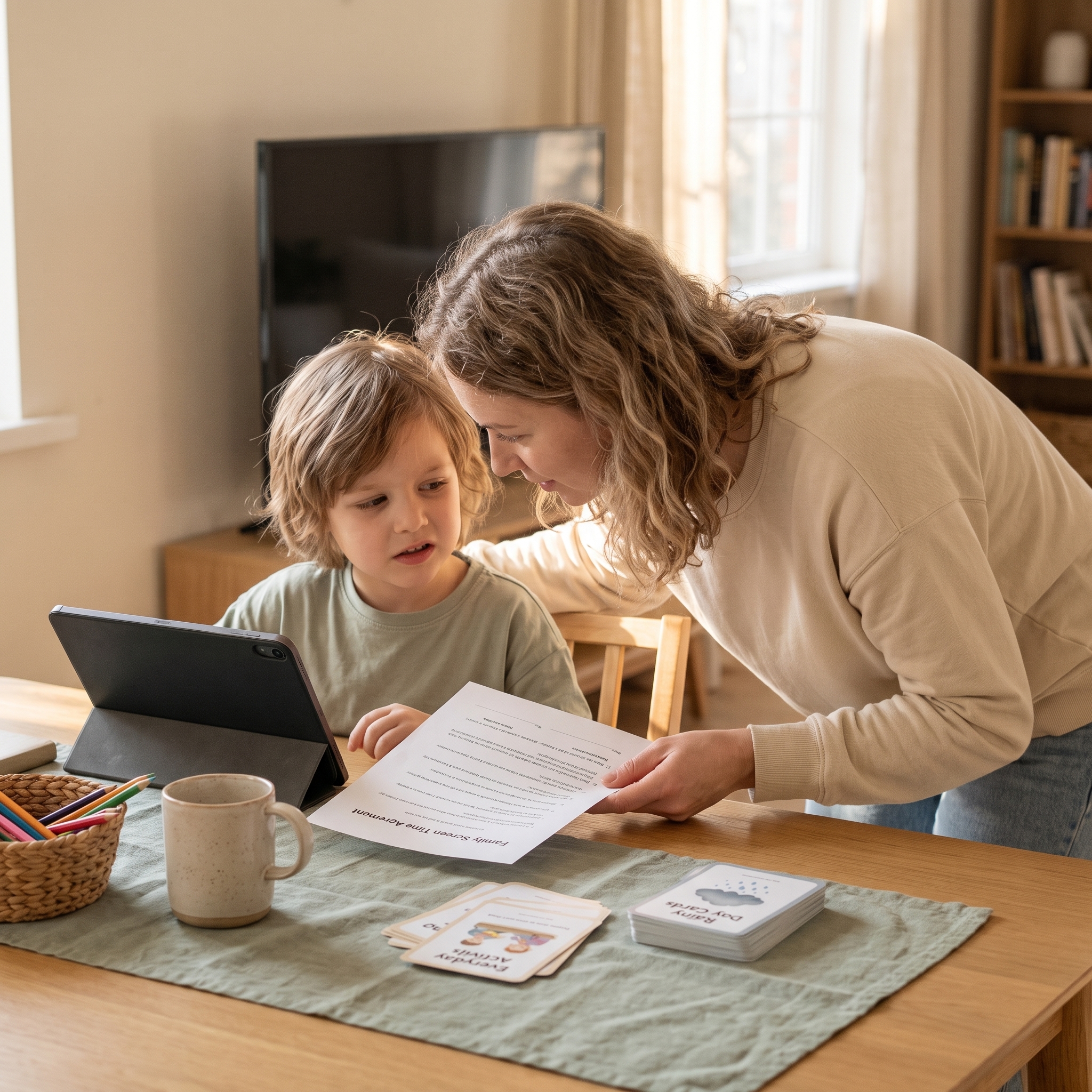 Parent helping a child move from screen time to printable routine tools